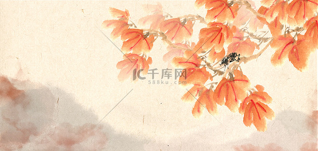 秋天风景背景图片_水墨风景山水树叶简约中国风海报背景