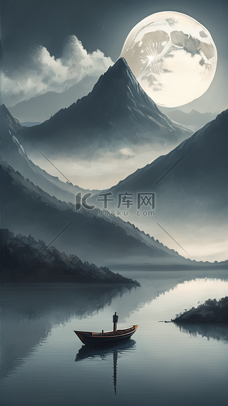 中秋背景图片_宁静月亮湖边意境背景