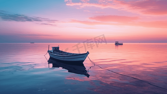 海洋上的日落与两艘船天空粉色系摄影图