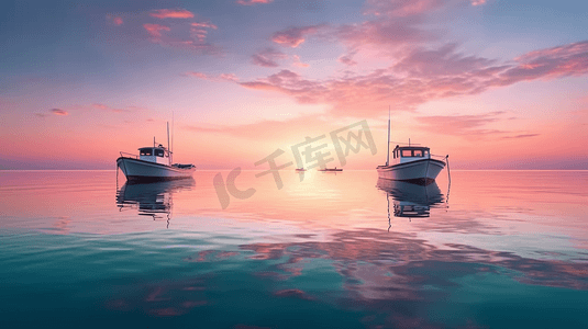 海洋上的日落与两艘船天空粉色系摄影图