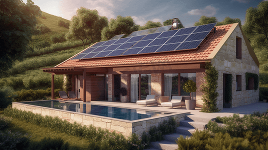 能源托管摄影照片_新能源清洁能源光伏板太阳能屋顶发电摄影图