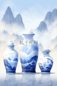 中国风青花瓷花瓶山水背景