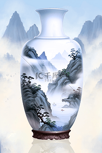 青花中国风背景图片_中国风青花瓷花瓶山水背景