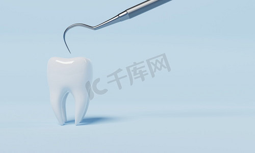 牙齿健康检查，带牙科检查钩，蓝色底色。医疗保健和医疗理念。3D插图渲染
