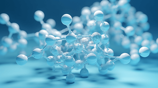 浅蓝色背景下生物化学技术分子的三维绘制