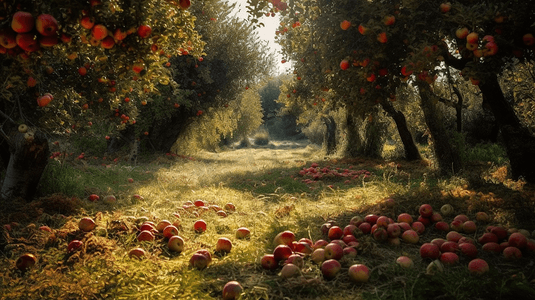 果园里苹果树下草丛里散落一地的苹果