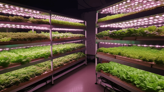 温室农业摄影照片_LED灯室内农场农业技术种植有机水培蔬菜