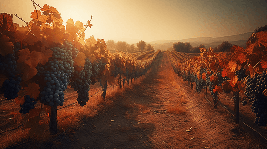 大串红酒葡萄挂在午后温暖的阳光下挂在老藤上