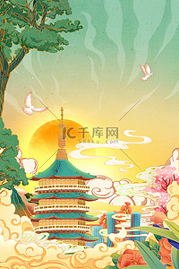 杭州东站背景图片_杭州城市绿色国潮风海报