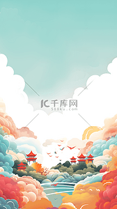 中国风传统祥云建筑山水边框背景