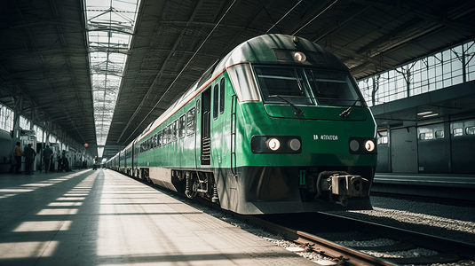 高铁动车站站台一辆绿色传统火车
