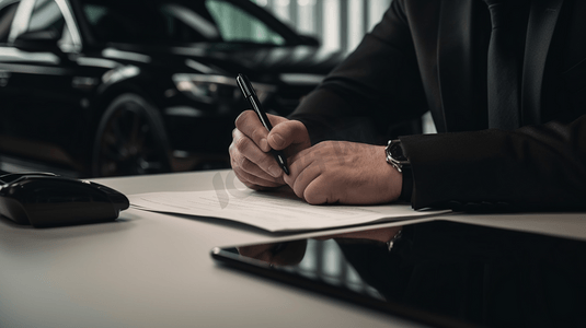 在签订购车合同的同时，汽车展示厅的财务经理正在计算为顾客预定新车的费用。
