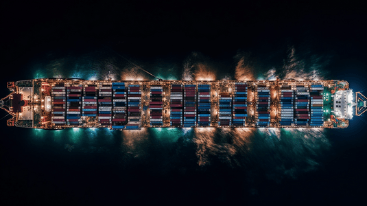 空中俯视集装箱货船在夜间进出口和商业物流运输