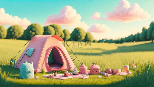 可爱的黏土风格野餐露营