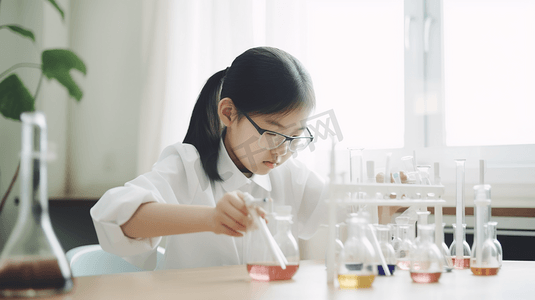 年轻的亚洲女学生在实验室教室里做化学实验。