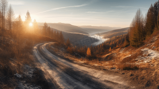山路上的夕阳。阿尔泰。西伯利亚。M-52路线。
