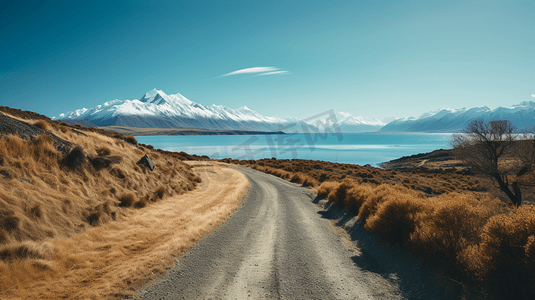 相约新西兰摄影照片_沿着普卡基湖前往新西兰南岛库克山的公路

