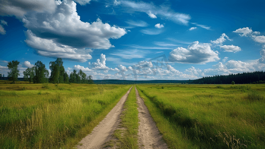 柏油路穿过碧绿的田野，夏日蓝天上的白云
