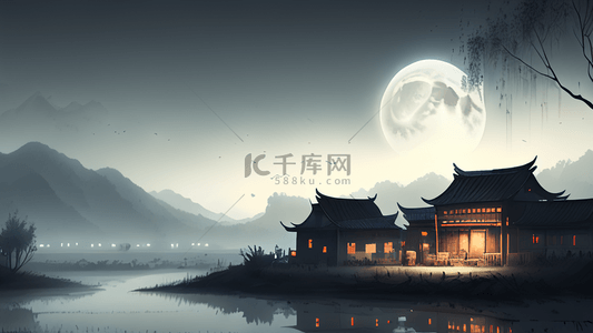 月亮下的背景图片_月光下静谧的乡村夜景