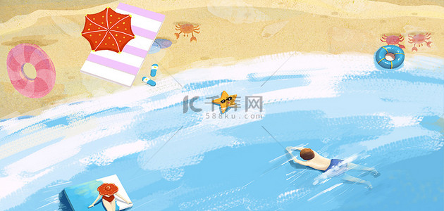 游泳背景图片_夏至海滩游泳夏天泳圈太阳伞螃蟹