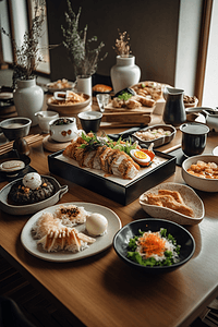 日本料理水彩摄影照片_餐厅餐桌上混合的日本食物
