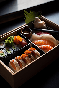 盒装寿司和小卷的便当
