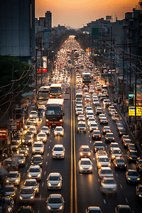 交通摄影照片_空中模糊的图像交通沿着泰国曼谷。交通高峰时使用的高使用率车道。城市基础设施问题。
