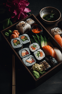 美食摄影照片_盒装寿司和小卷的便当
