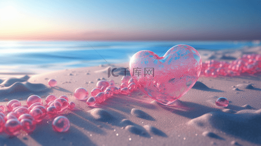 情人节白色爱心背景图片_520海边沙滩透明爱心