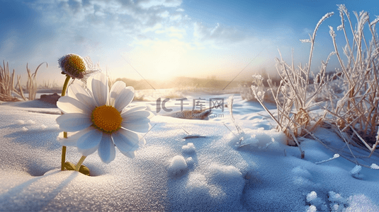 晴朗天空背景图片_晴朗天空下雪地上的花朵
