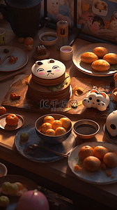 中式餐具背景图片_摄影风中式创意卡通糕点