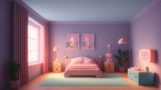 粉色房间背景图片_蓝粉色可爱3D卧室