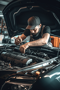 在车间车库检查和维修汽车的技术员;汽车维修技师负责汽车发动机的维修和保养