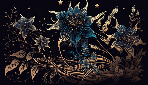 金色背景图片_蓝色花卉图案和金色叶子底纹