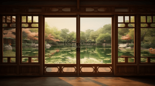 夏天背景图片_中国风中式大窗厅堂风景