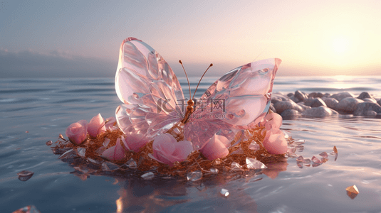 520背景图片_520海边粉色透明蝴蝶爱心