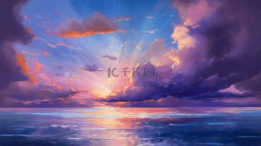 粉色云朵油画背景图片_梦幻唯美手绘插画风云彩和大海