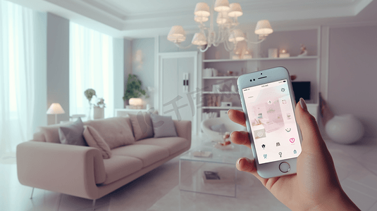 智能家居技术界面手机app增强现实物联网客厅室内设计物联网女性手持遥控装置3d插画