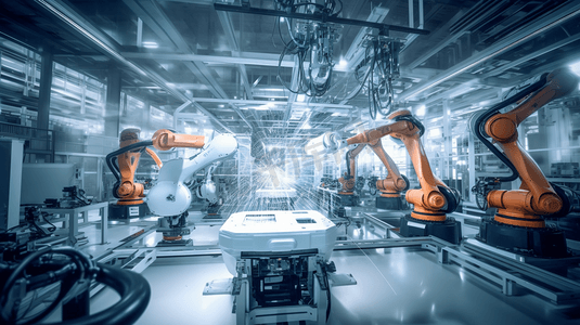 智能工业机械臂现代化数字化工厂技术。工业4.0或第四次工业革命的自动化制造过程和物联网软件控制操作的概念。
