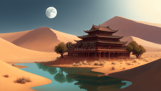 中国敦煌沙漠和月牙泉