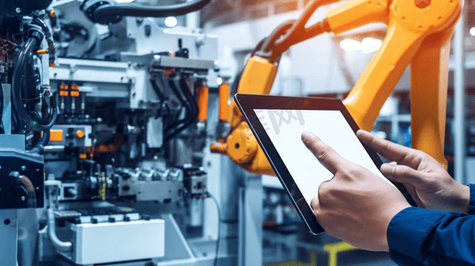 监控字体摄影照片_工程师手用平板重型自动化机械臂机在智能工厂工业用平板实时过程控制监控系统应用。工业第四物联网概念。

