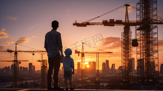 父亲摄影照片_亚洲男孩在父亲的肩膀上，背景是新的高层建筑和轮廓的建筑起重机黄昏日落父子概念
