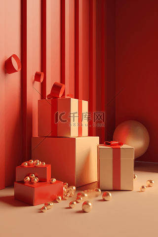 节日礼物立体质感金色红色高级感背景图