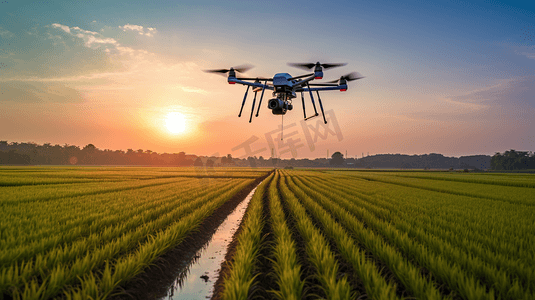 现代化农业摄影照片_日落时分，农业无人机在稻田上飞行