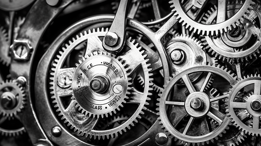 流程摄影照片_背景与金属齿轮在旧钟表。概念黑白照片为您成功的业务工作流程。宏
