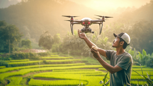 迷人的农民驾驶无人机在农田上方的水稻梯田背景，提高农业生产力的高科技创新