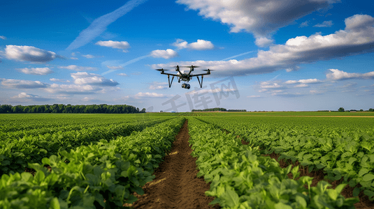 现代化农业摄影照片_春天，无人机在黄豆田上空飞行，蓝天白云为背景