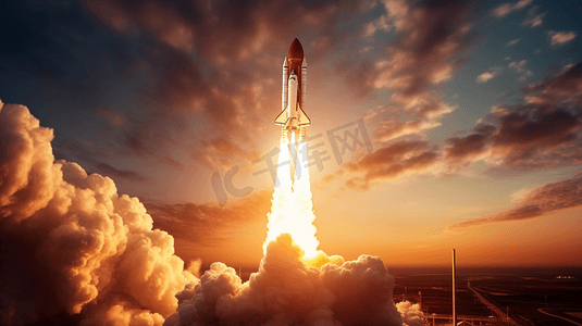 爆炸性烟花摄影照片_在日落的背景下，航天飞机火箭成功升空。带着烟雾和爆炸的飞船升入恒星的天空