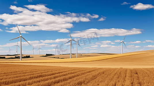 风力水车摄影照片_夏日里的风力涡轮机和农田。能源生产清洁可再生能源。
