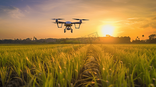 日落时分，农业无人机在稻田上飞行